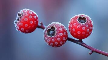 Three red berries are covered in frost photo