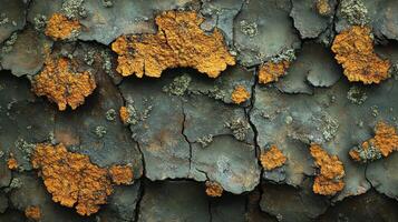 A close up of the bark of a tree with yellow and orange lichen photo