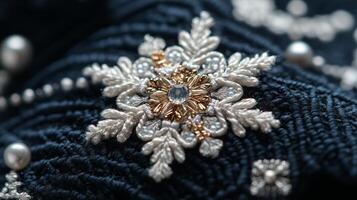 A close up of a snowflake on a black sweater photo