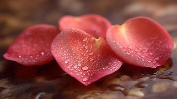 Three red rose petals with water droplets photo
