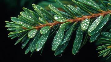 A close up of a pine tree branch with water droplets photo