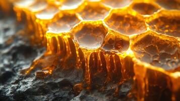 Close up of honeycomb with golden liquid photo