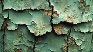 A close up of a green paint peeling off of a tree photo