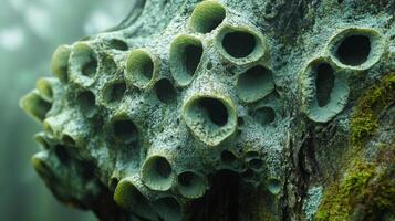 A close up of moss growing on a tree trunk photo
