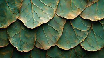 A close up of a green leaf with gold paint photo