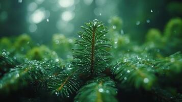A close up of a pine tree with rain drops photo