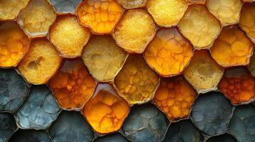 A close up of a honeycomb with many different colors photo