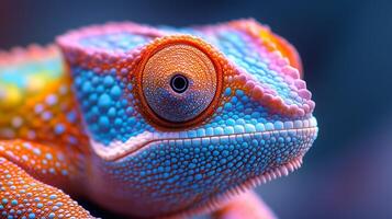 A colorful chameleon is sitting on a rock photo