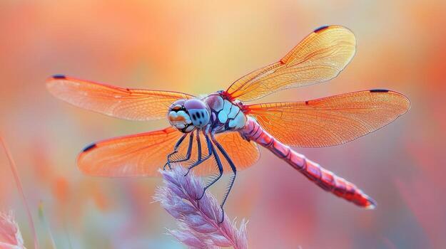 A dragonfly is perched on a plant in a field photo