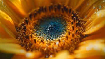 A close up of a sunflower with water droplets photo