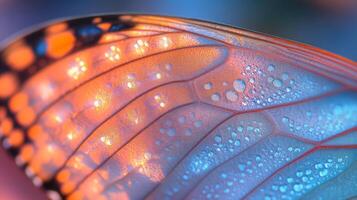 A close up of a butterfly wing with water droplets photo