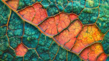 A close up of a leaf with colorful veins photo