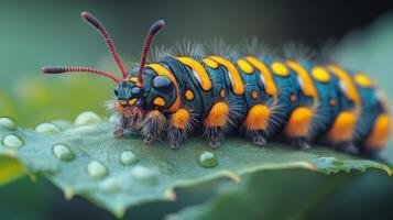 A caterpillar with yellow and black spots on its back photo