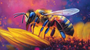 Bee on yellow flower with colorful background photo