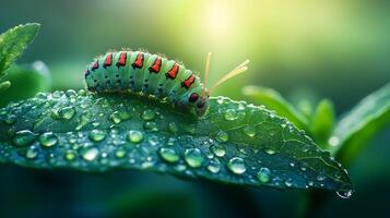 A caterpillar is sitting on a green leaf with water droplets photo