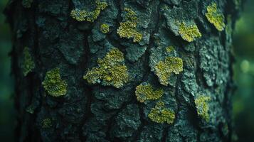 A close up of a tree with green moss photo
