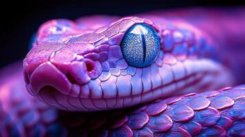 A close up of a purple snake with blue eyes photo
