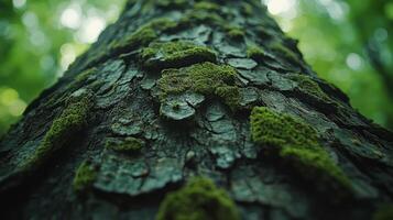 A close up view of a tree trunk with green moss photo