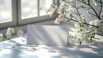 A blank card sitting on a table near a window photo