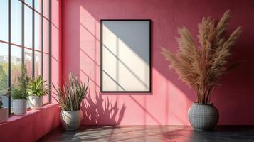 A pink room with a large window and plants photo