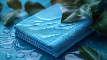 A blue towel with leaves on it photo