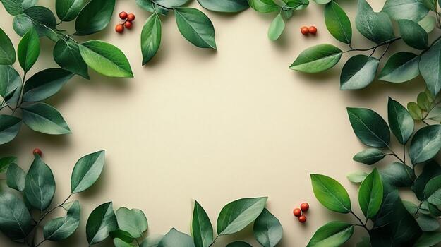 Green leaves and berries on a beige background photo