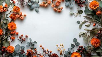 Autumn floral frame with orange flowers and leaves on white background photo