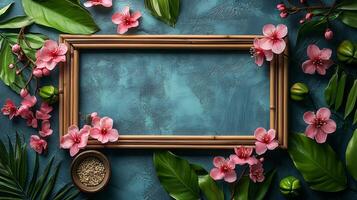 A wooden frame surrounded by pink flowers and leaves photo