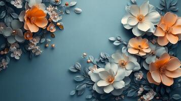 Flowers on blue background with copy space photo