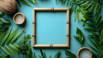 Bamboo frame with green leaves and coconut shells on blue background photo