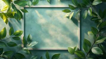 Green leaves and a square frame on a wall photo