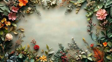 Floral frame with leaves and flowers on a blue background photo