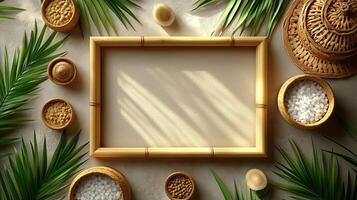 A wooden frame surrounded by palm leaves and rice photo