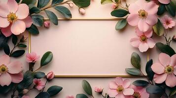 Pink flowers and leaves surround a gold frame photo