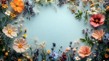Flowers on blue background with copy space photo