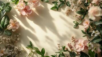 Spring flowers frame on white background photo