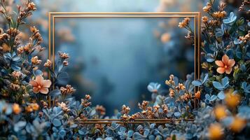 Golden frame on blue flowers background photo