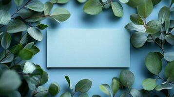 Blank card on eucalyptus leaves on blue background photo