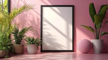 A pink room with a blank frame and potted plants photo