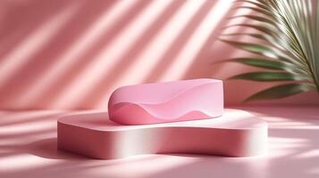 A pink soap bar on a table with a palm tree photo