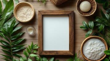 Photo of a wooden frame with white paper and green leaves on a wooden table