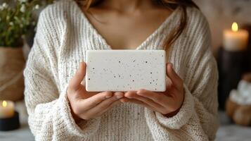 A woman holding a soap bar in front of a candle photo