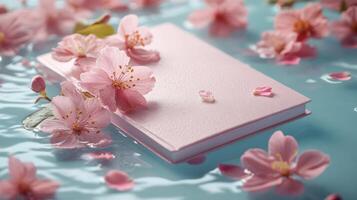 A book with pink flowers floating on water photo