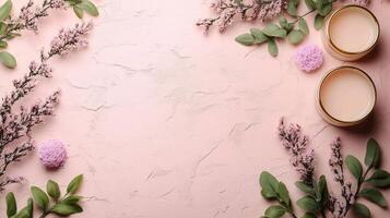 Pink flowers and candles on a pink background photo