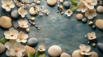 White flowers and stones on a blue background photo