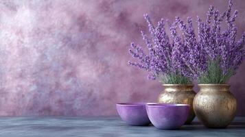 Lavender flowers in vases on a table photo