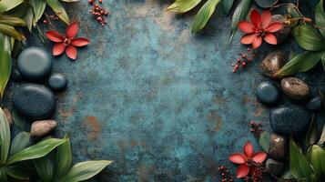 A blue background with red flowers and stones photo