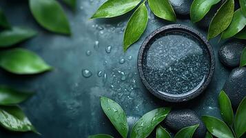 Spa stones and green leaves on a dark background photo