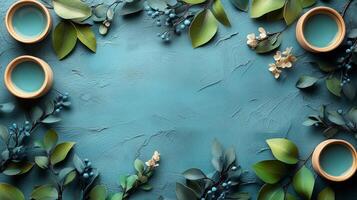 Blue background with green leaves and flowers photo