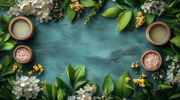 Spa products on a blue background photo